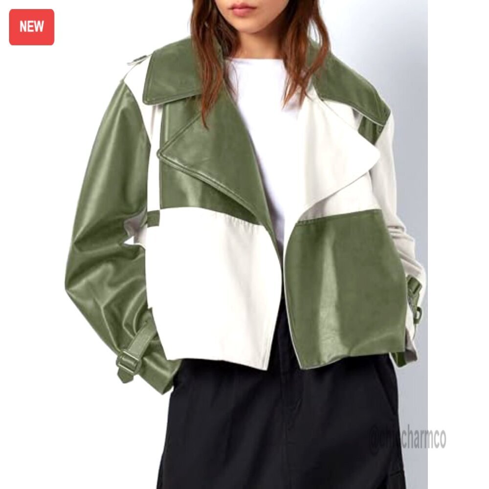 Oversized Cropped Leather Jacket with Color Block Design, Side Pockets - Picture 3 of 7